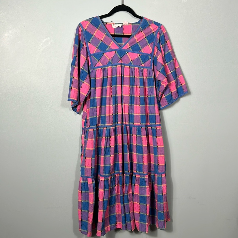 Vintage Sita Cotton Multicolor Checkered Midi Layered Relaxed Fit Dress size M